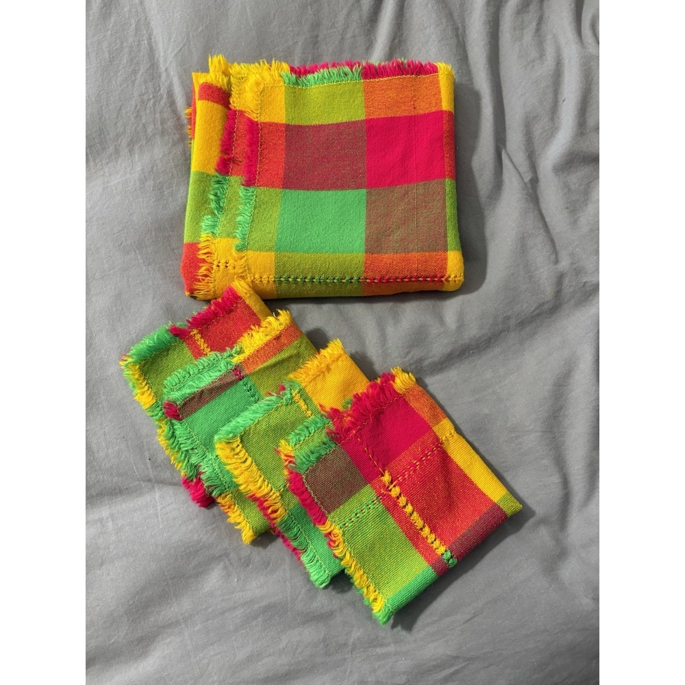 Vintage Bright Colored Checked Tablecloth 43" x 42" with Fringe Square 4 Napkins